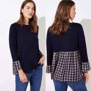 NWT LOFT Mixed Media Plaid Navy Bell Cuff Top Womens Size Small S